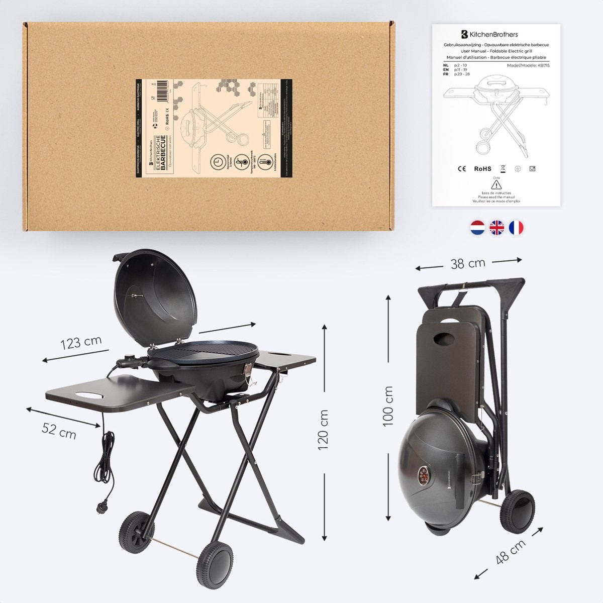 KitchenBrothers Barbecue électrique - avec roues - pliable - revêtement antiadhésif - 46,5 x 33,8cm - jusqu'à 250°C - 2400W - noir