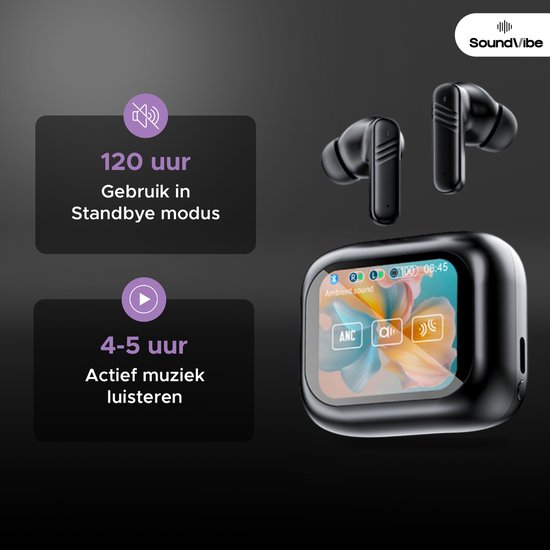SoundVibe® - Earbuds Wireless With Noice Cancelling - Black - Bluetooth Earphones - Noice Cancelling Headphones - LX-10 Earpods with Screen - Works With Apple And Android - Earpods USB C - Wireless Earphons - Earphones Wireless