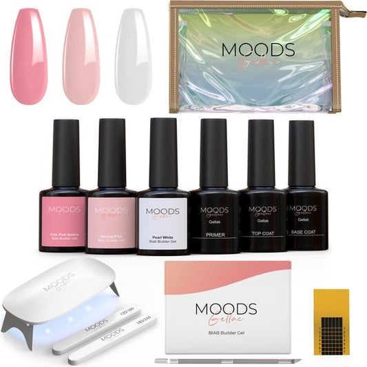 Moods Gellac BIAB Starter Pack - Milky Pink - Builder in a Bottle - Vernis à ongles BIAB - Comprend une lampe UV/LED, un bâton, une lime à ongles, un primer, une base et un top coat.
