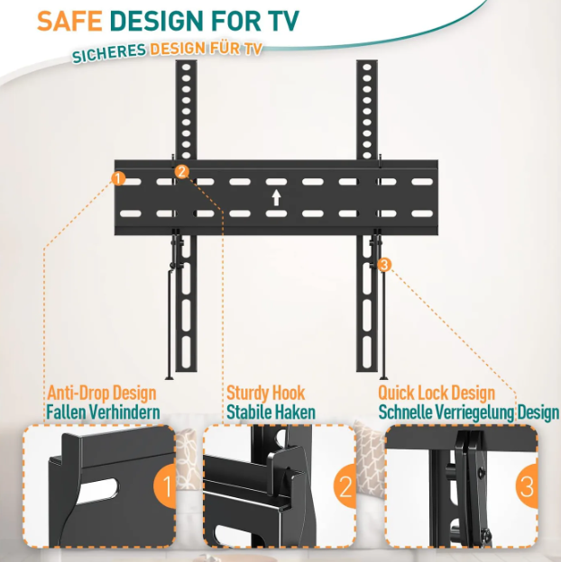 Support mural pour téléviseur ELIVED Ultra Slim 26 à 60 pouces - Inclinable - Jusqu'à 45 kg