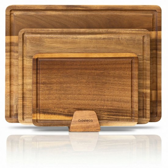 Deleca 3-Piece Cutting Board Set Seville with Holder - Planches à découper (40x30 | 33x24 | 26x18 cm) - Pour la cuisine, planche à servir, planche à fromage, planche à boire, planche à découper et planche à tapas - Bois d'acacia FSC