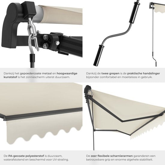 tectake® Sunshade with Articulated Arm - 300 x 250 cm - Store - Protection solaire pour fenêtre, balcon, extérieur - Fixation murale - Résistant à l'eau et aux UV - Beige