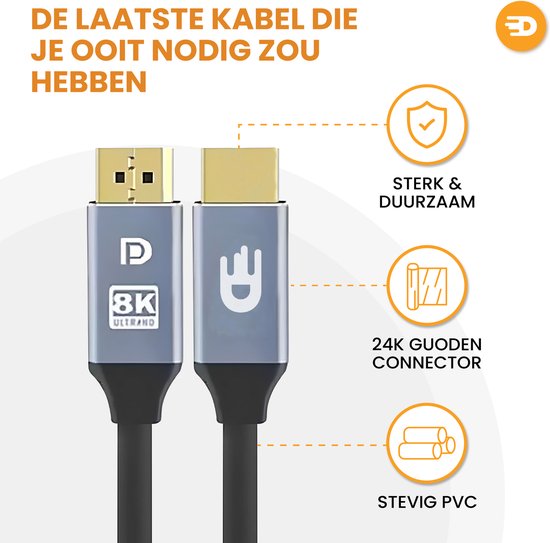 Drivv. Câble Displayport - 8K 60Hz - 4K 144 Hz - 32.4GBps - Displayport 1.4 - Câble DP - PVC - 1 mètre - Gris spatial