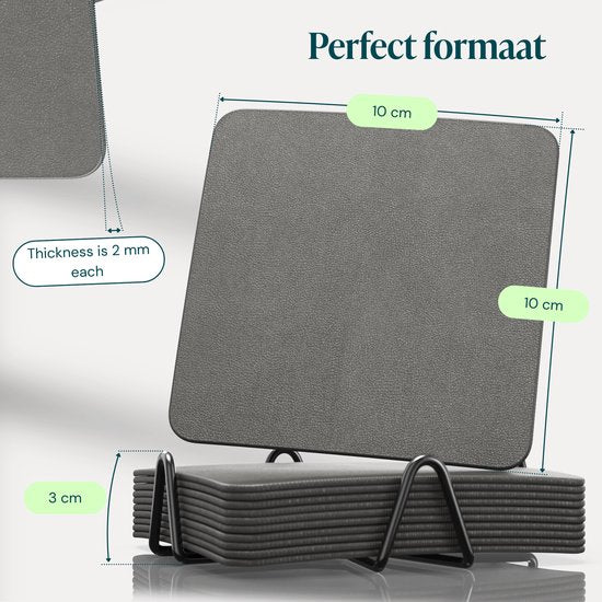 Sous-verres en simili cuir Castagnola – Sous-verres pour verres – Sous-verres design avec support – Lot de sous-verres en cuir avec support métallique – Cuir – Lot de 10 – Gris – 10 x 10 cm