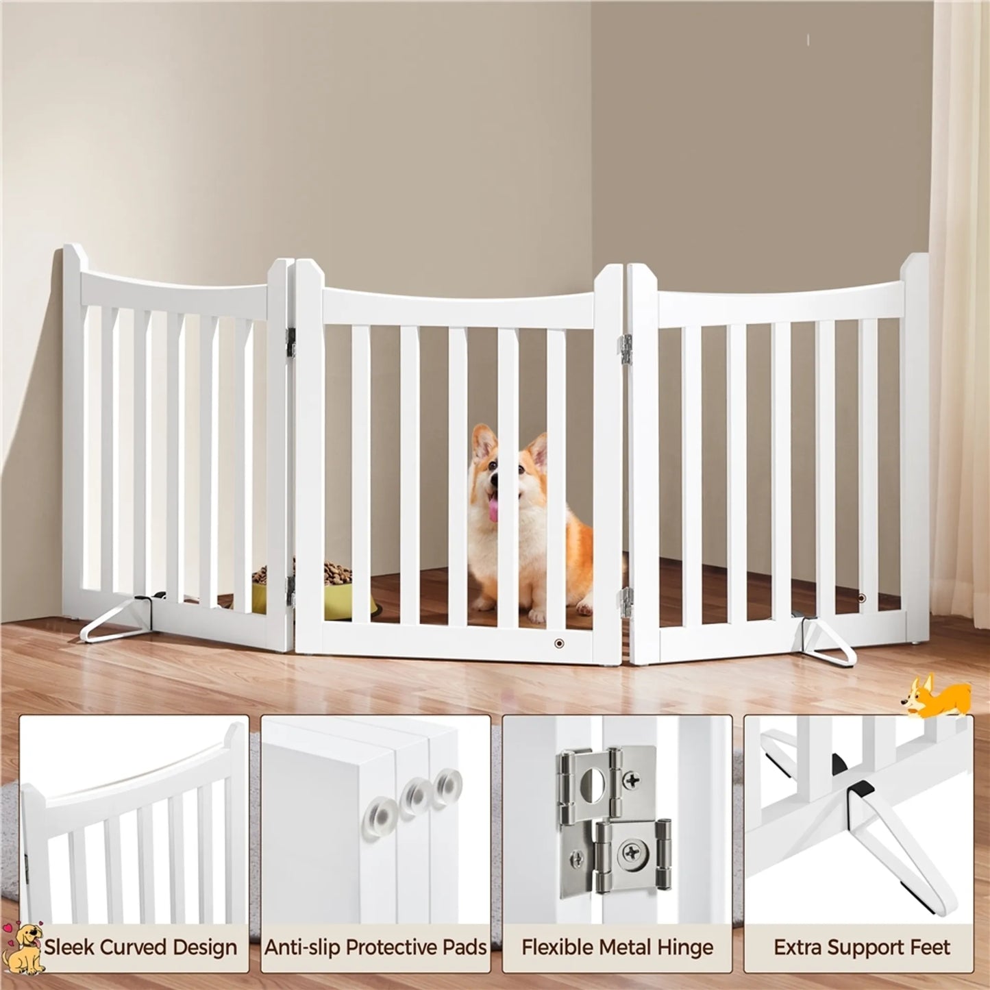 Yaheetech Dog Gate White 3-Piece - Equipée de charnières à 360°, de deux pieds en métal et de capuchons en mousse EVA - Pour les escaliers et la cuisine - MDF blanc et métal - 152 x 60.5 x 2 cm