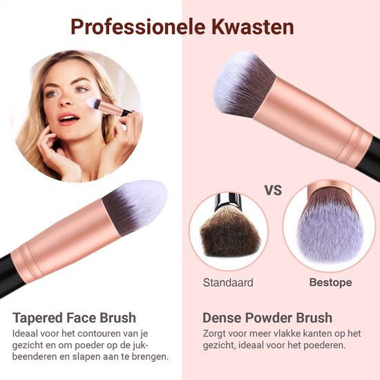 Bestope Set de pinceaux de maquillage avec Beauty blenders 16 pièces - Set de pinceaux - Nettoyeur de pinceaux - Pinceaux - Rose Gold
