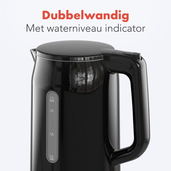 KitchenBrothers Bouilloire - Électrique - 1,7 litre - Avec filtre à calcaire - Double paroi - Cool-touch - Noir
