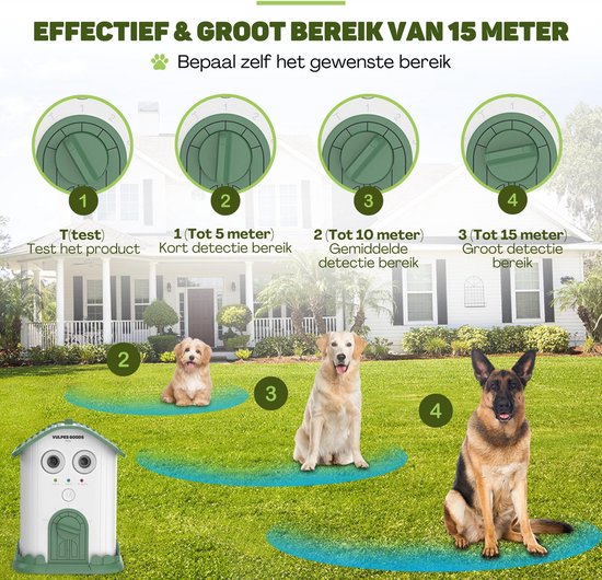 Vulpes Goods® Pets - Dispositif anti-aboiement à ultrasons - Dresseur de luxe - Rechargeable - Fonctionnement automatique - Pas de choc - Résistant à l'eau - Pour tous les chiens - Intérieur et extérieur - Portée de 15 m - 3 étapes - Anti-aboiement - Dres