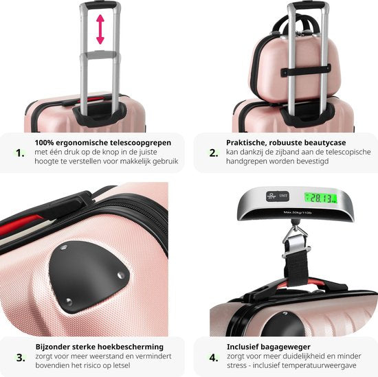 tectake® - Coffret de voyage 4 pièces comprenant valise trolley et pèse-bagages, roues 360°, valise rigide avec serrure à combinaison, grande valise, empilable, valise à main trolley - rosegold