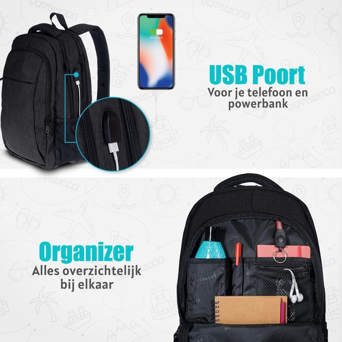 TRVLMORE Sac à dos - 28L - 15.6 inch - Sac à dos pour ordinateur portable - Sac d'école - Unisex - Splashproof Black