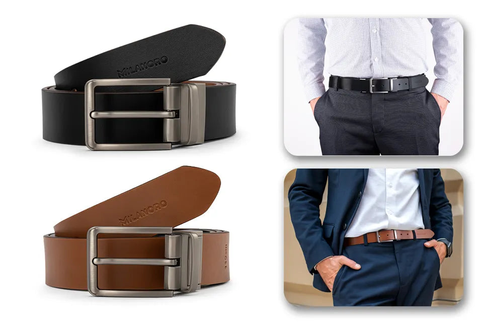 Ceinture en cuir Milanoro 95 (110) cm - Réversible - Noir/Cognac