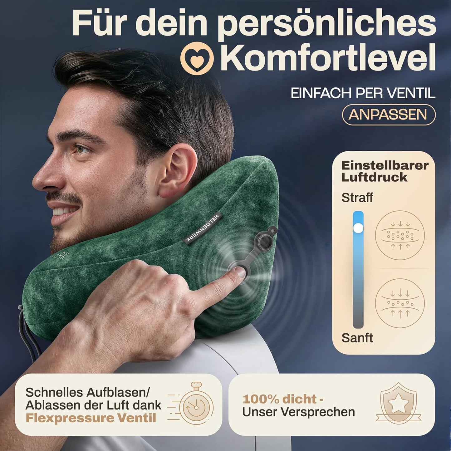 Oreiller cervical Heldenwerk® Premium Air – ErgoRing – Gonflable – Avec capuche et bouchons d'oreille