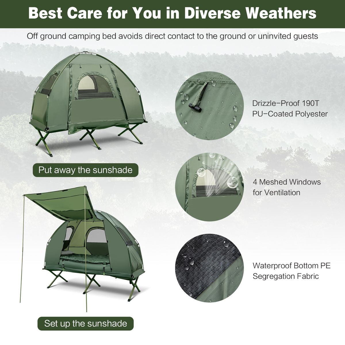 Lit de camp Coast avec tente - Kit de camping 5 en 1 - Matelas gonflable, sac de couchage et oreiller - Vert - 194 x 87 x 167 cm