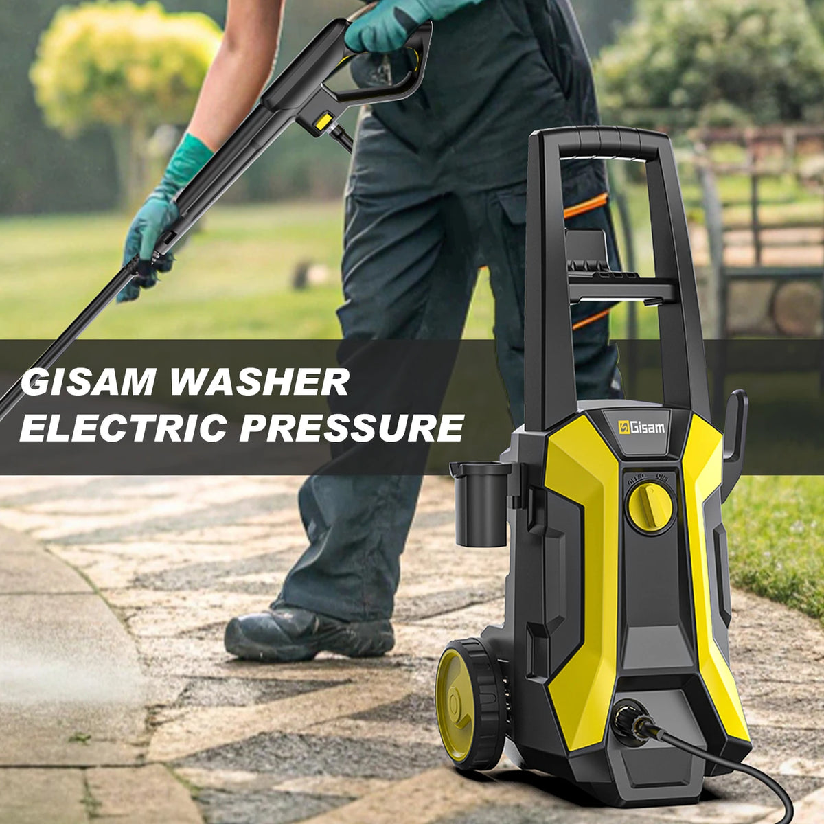 Nettoyeur haute pression Gisam 2200 W, 180 bars, 480 l/h - Tuyau de 8 mètres - IPX5 - Jaune