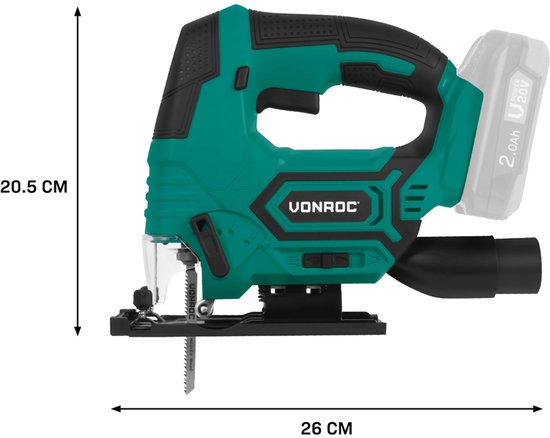 VONROC Accu Jigsaw 20V - 4 positions du balancier - Angle de coupe réglable de -45° à 45° - Lampe de travail LED - Fonction d'aspiration et de soufflage - 3 lames de scie incluses - Batterie et chargeur inclus