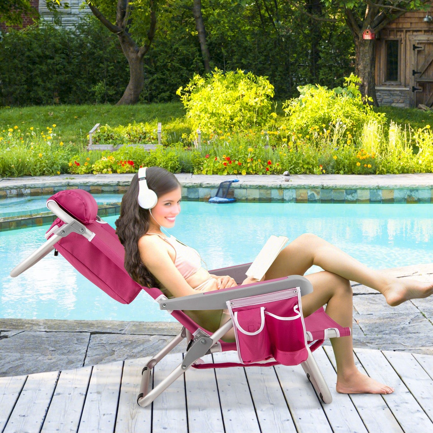 Coast Beach Chair Chaise longue pliable à dossier réglable en 5 positions avec porte-gobelet et compartiments de rangement Rose 66x65x78 cm - 2 pièces