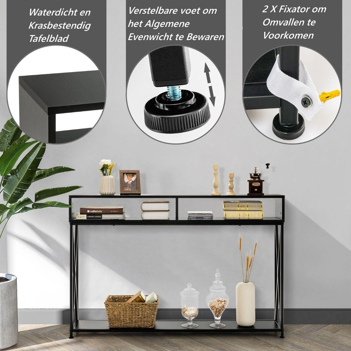 Table console Coast - 2 compartiments de rangement 1 étagère ouverte - 120 x 23 x 79 cm - Noir - Acier+bois