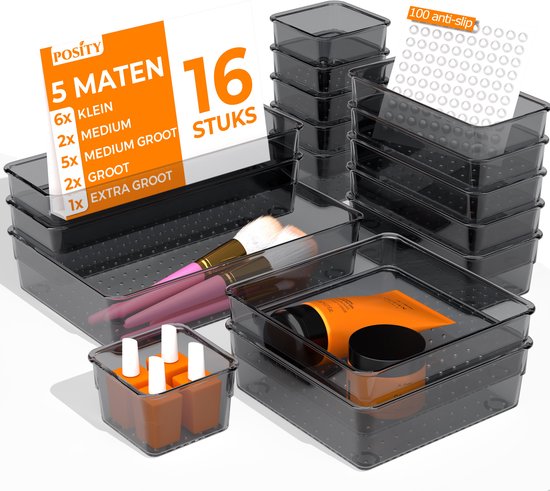 Posity Organisateur de tiroirs - 16 pièces - plateaux d'organisation - plateaux de tiroirs - plateaux de stockage - organisateur de maquillage - pour la cuisine, la salle de bain et le bureau - plastique - noir transparent