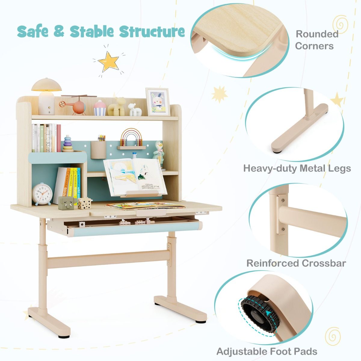 table enfant coast - hauteur réglable 52-74 cm - bureau inclinable 0°-60° - tiroir et casier - bleu - 100 x 60 x 111-135 cm