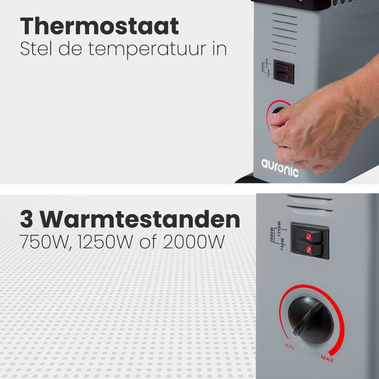 Convecteur électrique Auronic - 750/1250/2000 Watts - Thermostat réglable - Chauffage - Gris