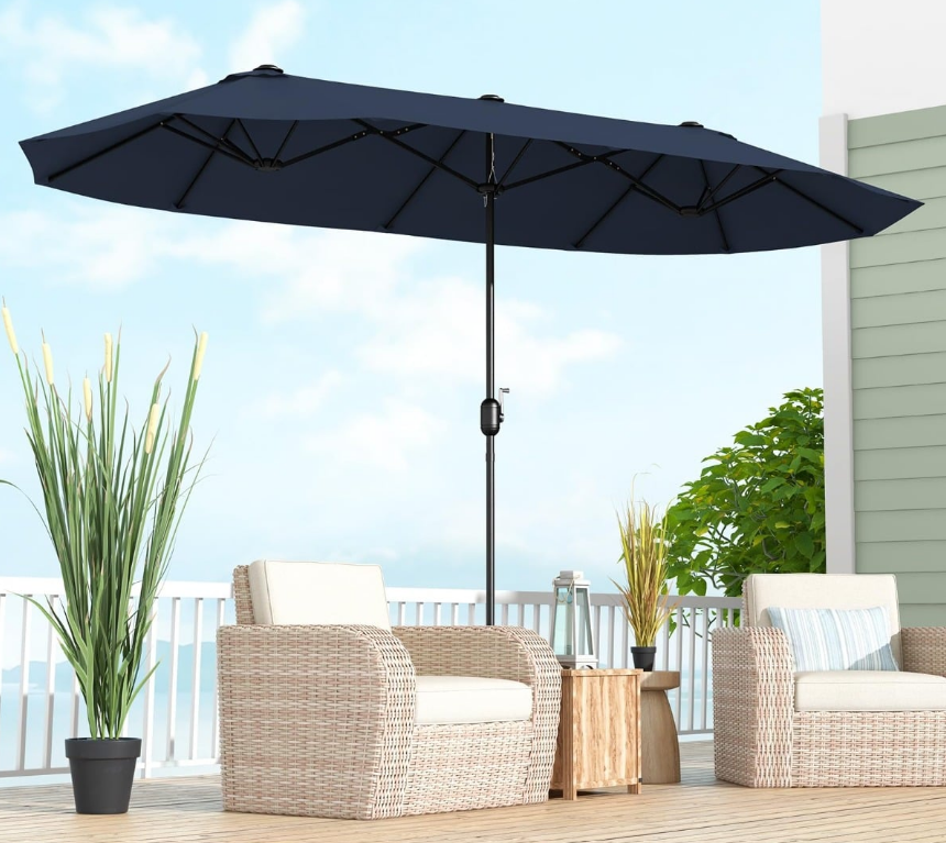 Parasol triple Coast 400 x 200 cm - Avec pied - Manivelle - 12 baleines