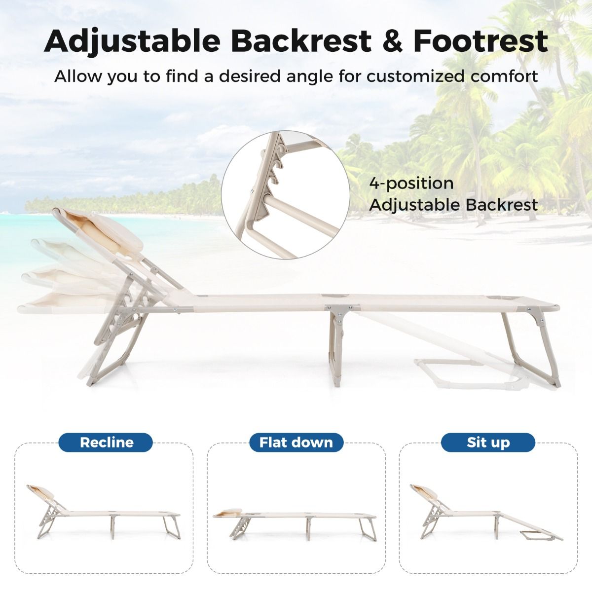 Bain de soleil Coast Beige - Bain de soleil pliable pour la plage et la terrasse avec ouvertures pour le visage et les bras, dossier et repose-pieds réglables - 190 x 56 x 62 cm