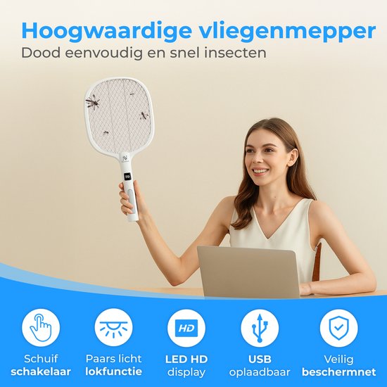 Nuvance Electric Fly Swatter - Usb Rechargeable - Mosquito lamp - with Display - Mosquito plug - Fly trap - Fly lamp - White