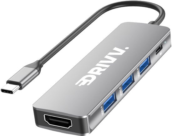 Hub USB-C haut de gamme 5 en 1 - HDMI 4K 30 Hz - PD 100 W - USB 3.0 - USB 2.0 - Répartiteur USB - Adaptateur - Gris sidéral