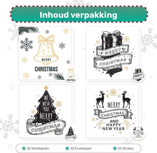 Giftmas Cartes de Noël - Cartes de vœux - 52 pièces - Avec enveloppes et autocollants - 10x10cm