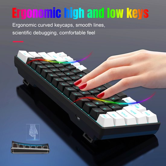 HXSJ V900 - Clavier de jeu filaire - mécanique - RVB - commutateur bleu - 61 touches - claviers QWERTY - noir blanc