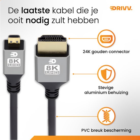 Drivv. Câble Premium Micro HDMI vers HDMI 2.1 - 8K 60Hz / 4K 120Hz Ultra HD - Convient aux caméras, GoPro, ordinateurs - 1 mètre - Gris