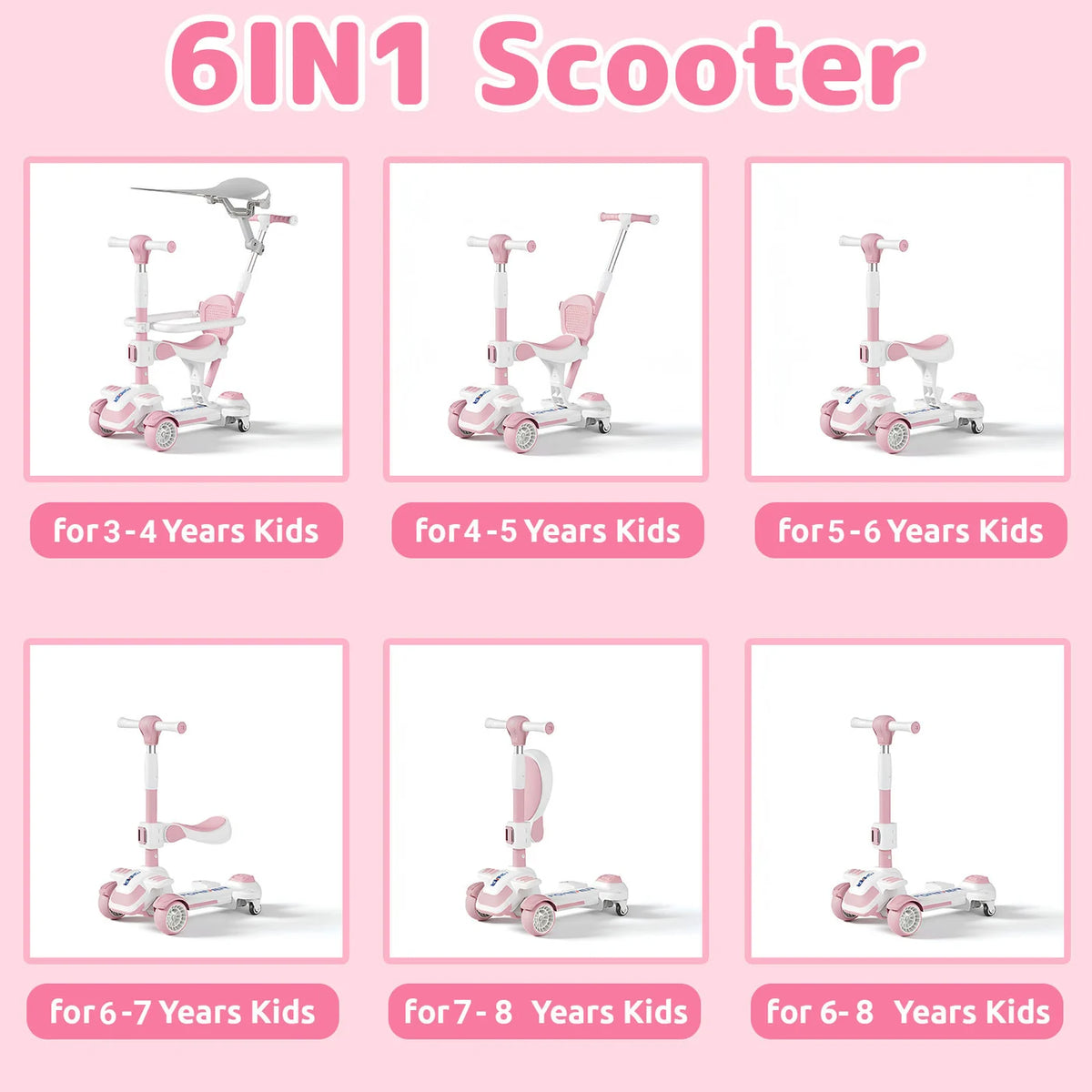 Trottinette à 4 roues Neuleb pour enfants de 3 à 8 ans, trottinette à poussée avec siège pivotant, charge maximale de 100 kg, hauteur réglable, direction par inclinaison, convient aux garçons et aux filles, rose