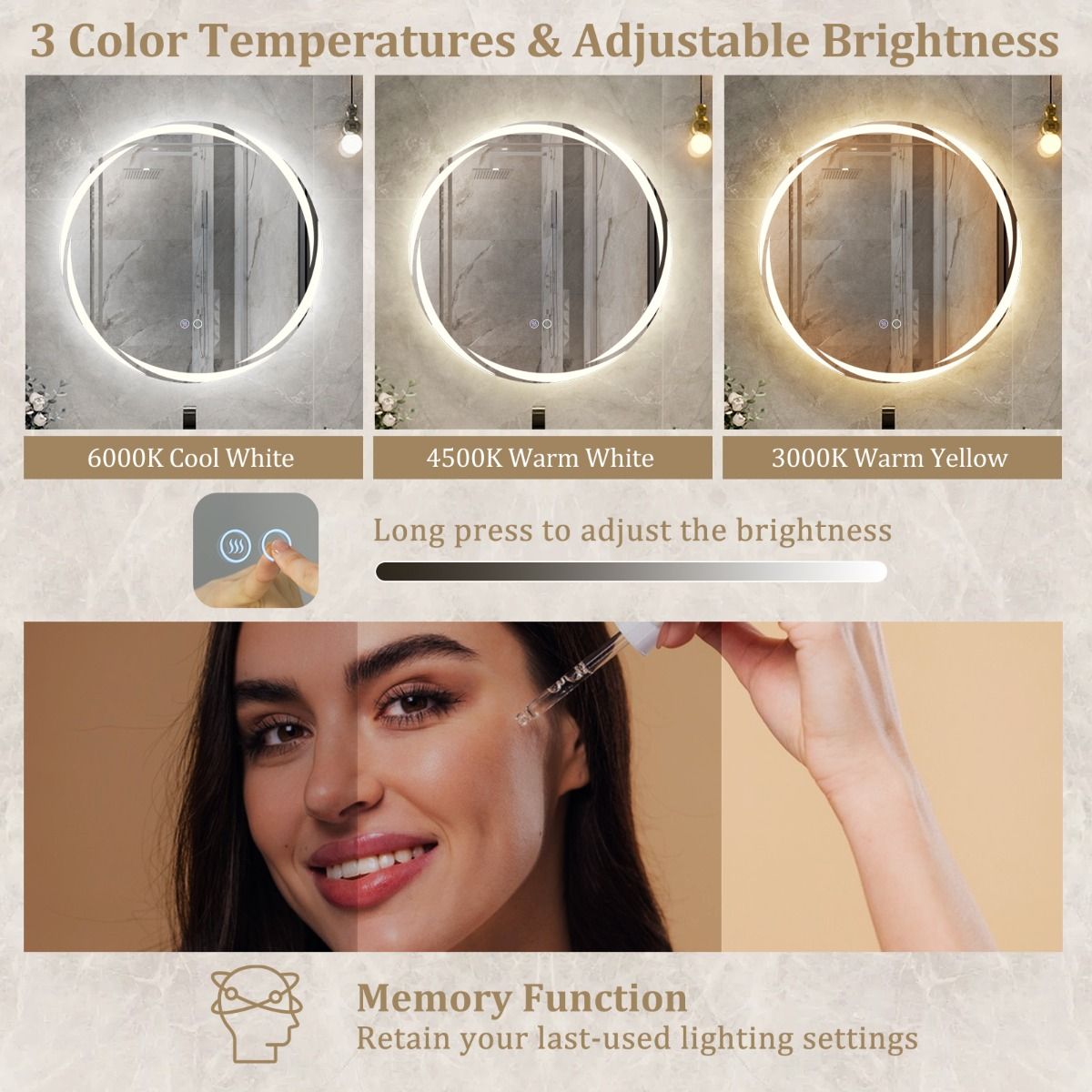 Coast 60x60 cm Miroir de salle de bain LED rond argenté avec éclairage 3 couleurs graduable, anti-buée et fonction mémoire
