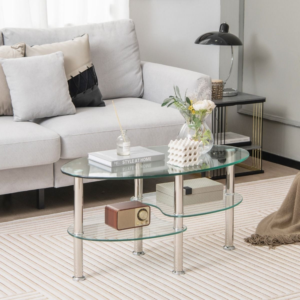 Table basse Coast - 3 couches - Verre trempé - Moderne - 89 x 50 x 45 cm - Blanc
