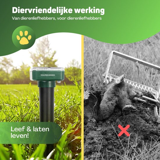 Vulpes Goods® Repellent - Mole Repellent - 4 pieces - Répulsif pour souris - Répulsif pour taupes - Fonctionne à l'énergie solaire - Résistant à l'eau - Respectueux des animaux - Un jardin, une pelouse ou un terrain propre !