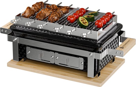 KitchenBrothers Kamado Hibachi Grill - Sans PFAS - Avec grille et bâtons - Barbecue au charbon de bois - Grill de table Shichirin - Barbecue rectangulaire - Barbecue en céramique - Noir