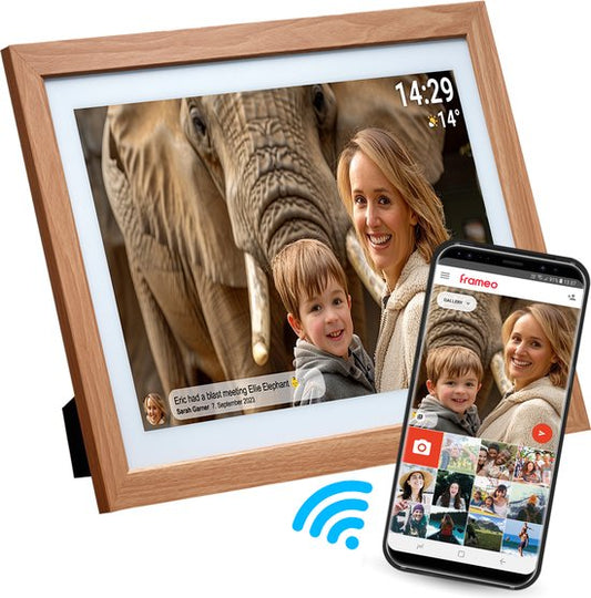 Cadre photo numérique Denver 21,5 pouces - XXL - Bois - Full HD - Frameo App - Cadre photo - WiFi - 32GB - IPS Touchscreen - PFF2162LW