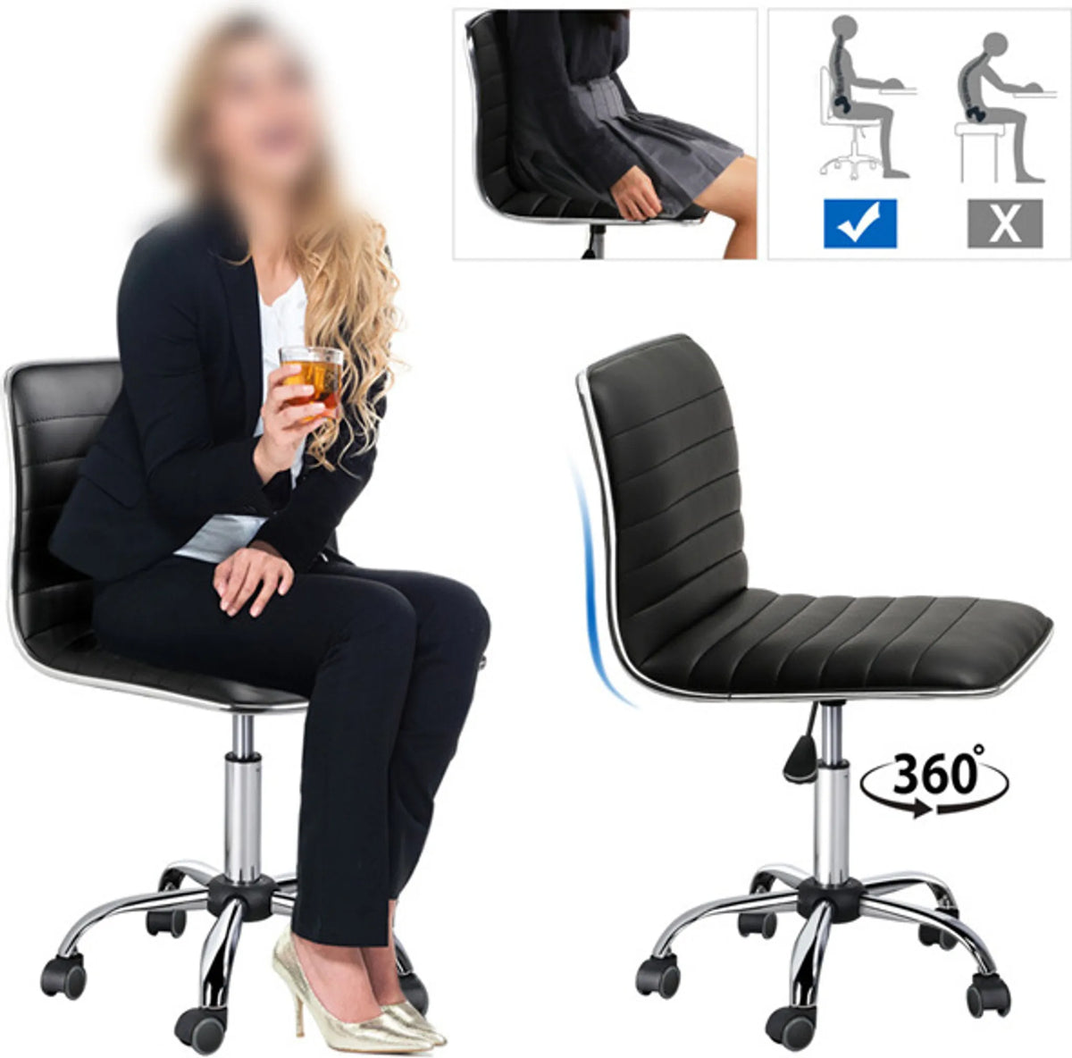 Chaise de bureau Yaheetech sans accoudoirs et chaise pivotante, capacité de charge de 120 kg, réglable en hauteur – Noir – Simili cuir PU et acier