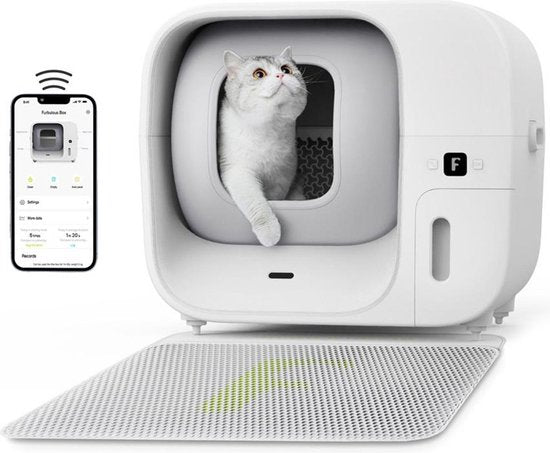 Litière automatique Furbulous avec contrôle via application, grande litière sécurisée de 60 L pour plusieurs chats avec système anti-odeurs, blanche - Litière 2,4 GHz avec fonction « Pack & Seal », autonettoyante et rechargeable, grande capacité, applicat