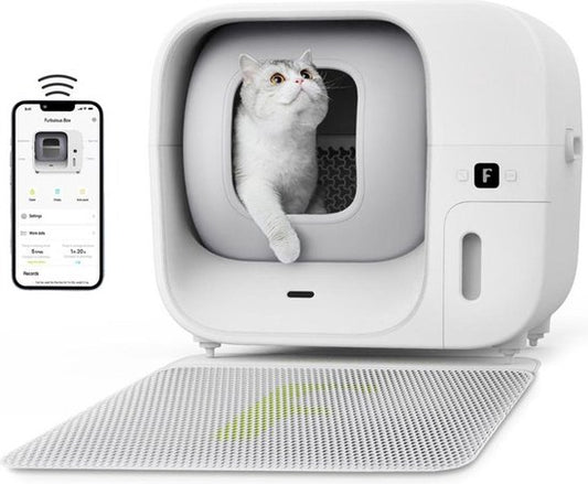 Litière automatique Furbulous avec contrôle via application, grande litière sécurisée de 60 L pour plusieurs chats avec système anti-odeurs, blanche - Litière 2,4 GHz avec fonction « Pack & Seal », autonettoyante et rechargeable, grande capacité, applicat