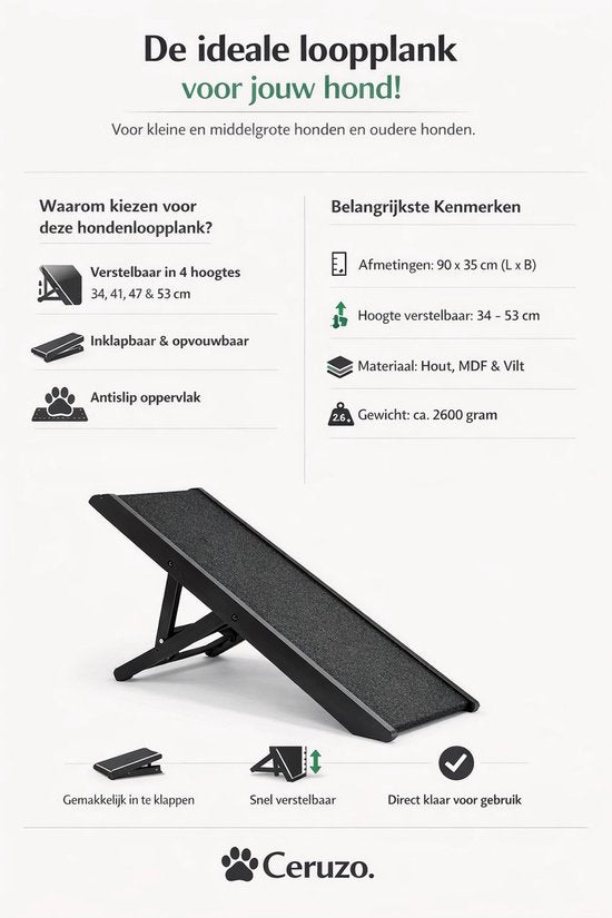 Ceruzo Dog Walkway Adjustable - Pliable - Hauteur réglable 34-53 cm - Marchepieds pour chiens - Noir