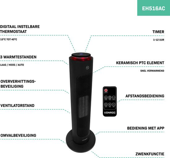 VONROC Luxe chauffage électrique - chauffage soufflant - 1300W/2000W - contrôle par App (via Wifi) et manuel - modèle tour - céramique - Mode AUTO - fonction swing - thermostat et minuterie - 20m2 - Télécommande incluse.