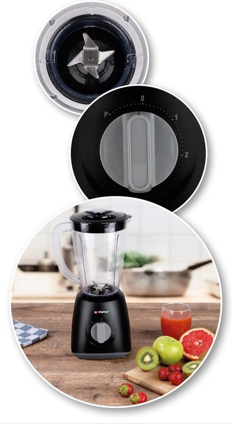 alpina Blender - 1,5 Litre - 400 Watt - Fonction Turbo - Bol en plastique - Noir