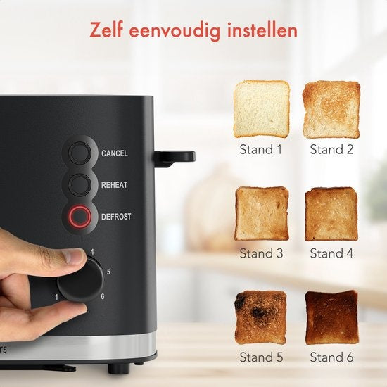 KitchenBrothers Toaster - Grille-pain - 6 niveaux de chaleur - 2 fentes extra-larges - 870W - Noir