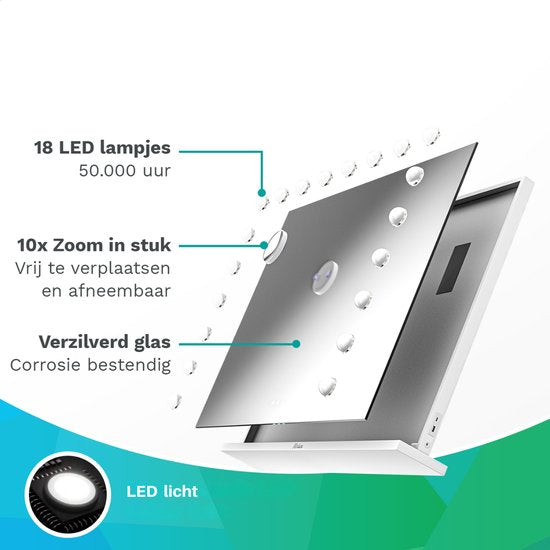 Mirlux Grand miroir hollywoodien 80x60CM - 2 haut-parleurs Bluetooth - ports de charge USB & USB-C - éclairage LED - miroir de maquillage - zoom 10x - à suspendre - blanc