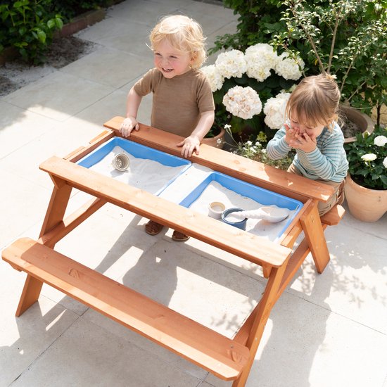 Table de pique-nique Sunny Dave « Zand & Water » en marron pour enfants - Table de pique-nique multifonctionnelle avec 2 bacs amovibles en plastique - Bois certifié FSC