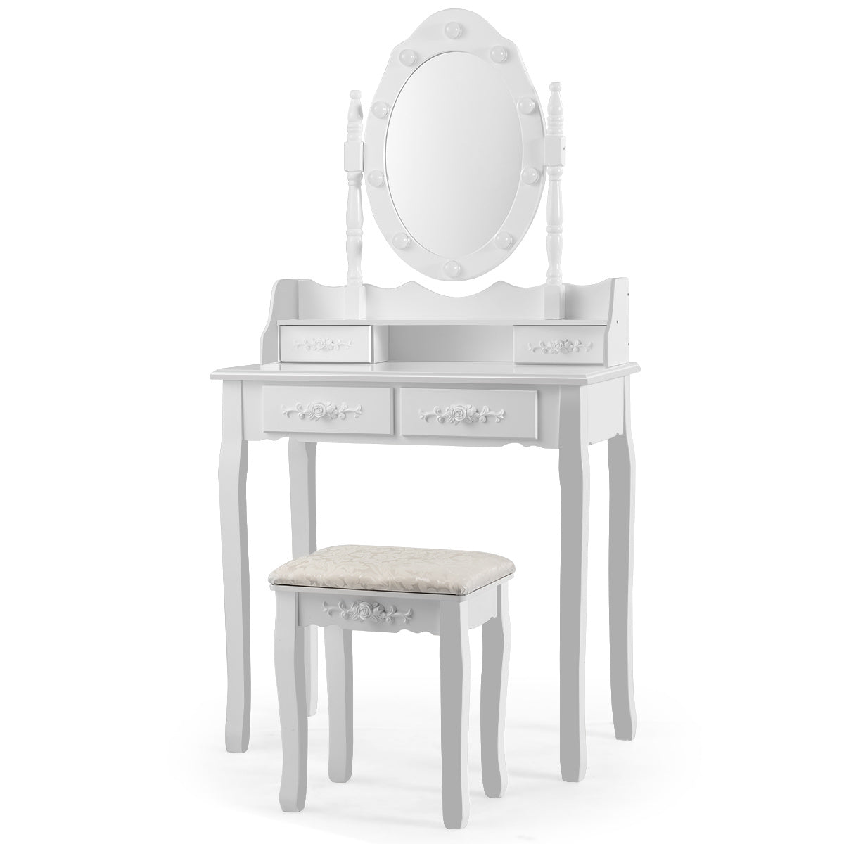 Coast Klassieke Kaptafel met Krukje - LED Lampen - Make up Tafel - 75 x 40 x 146cm - Wit