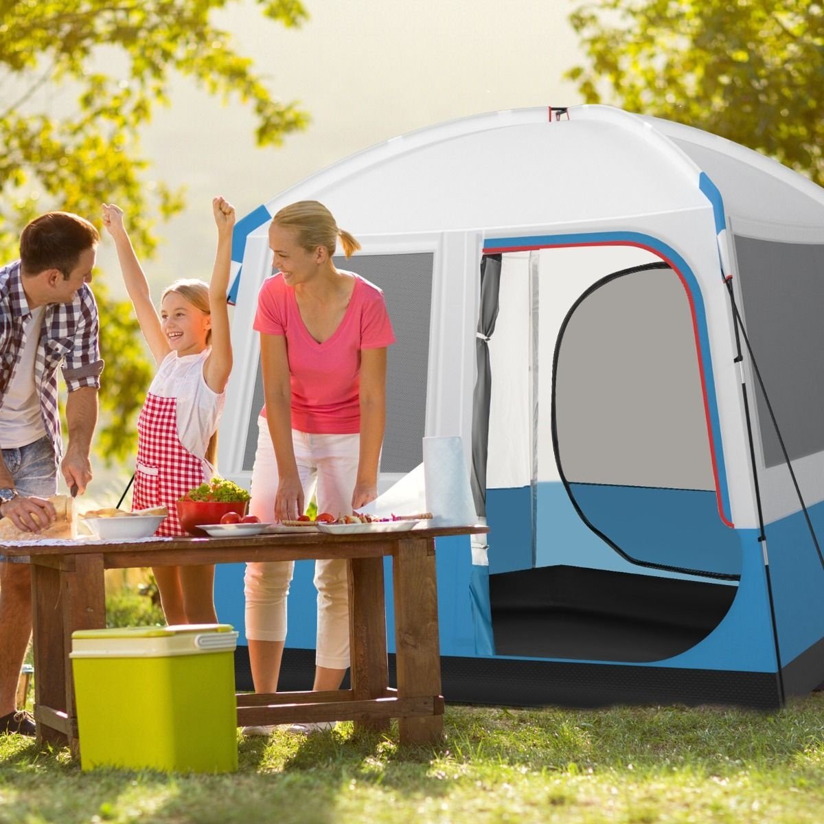 Tente de camping Coast pour 5 personnes - Grande porte en filet et tapis de sol - Imperméable - 248 x 248 x 230 cm - Bleu/Blanc