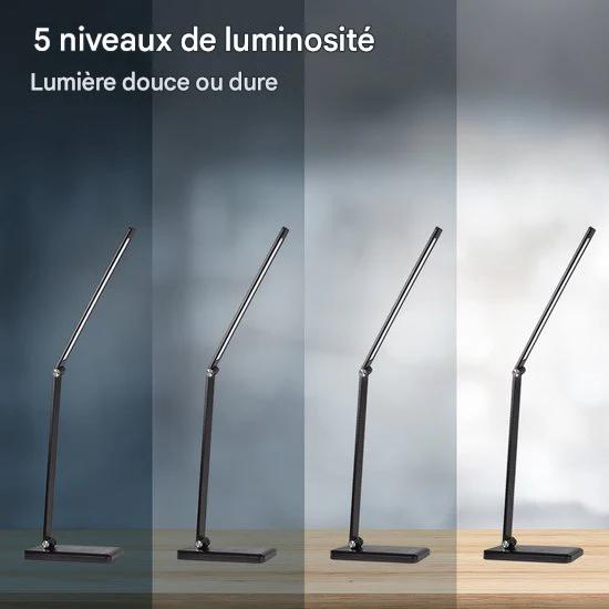 Lampe de bureau Auronic - LED - Chargement mobile USB et sans fil - Minuteur - Lampe à pince dimmable - Lumière blanche et chaude - Noir
