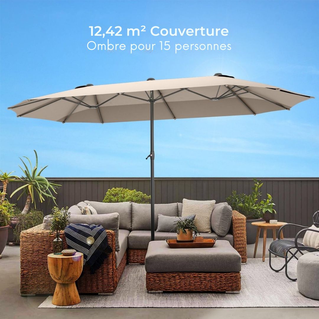 Parasol double LifeGoods- 270x460cm - jusqu'à 15 personnes - imperméable - avec housse - Taupe